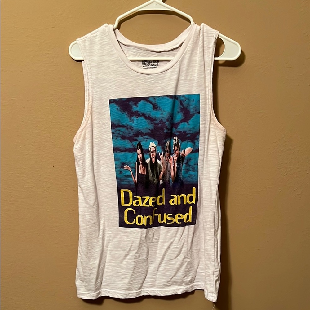 Source Unknown White and Blue Graphic Muscle Tee